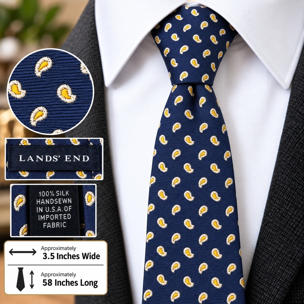Vintage End Mens Navy Blue Yellow Micro Paisley Silk Necktie Handsewn USA